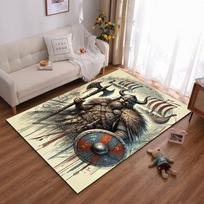 Vikingų kario kilimas su kirvio, skydo ir nordiško laivo dizainu. Tinka naudoti kaip neslystantis kilimėlis svetainės, miegamojo sofoms. 40x60cm( 15x23in ) gray