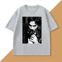 Damon Salvatore TV Drama Cat Graphic Tshirt for Women Clothes Retro Gothic Tops Sleeve Harajuku Sleeve Casual Aesthetic Clothes M black