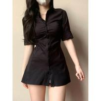 Pure desire Korean royal sister design sense slim pleated lapel sexy shirt skirt female niche hot girl waist dress XL violetinė