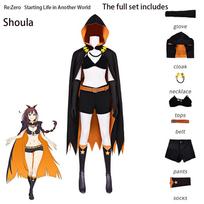 Re:Zero Shaula Cosplay Juodas Oranžinis Gobtuvu Apsiaustas Trumpas Viršus Šortai Pirštinės Kojinės Karoliai Diržas Pilnas Anime Helovino Cosplay Apranga S juoda