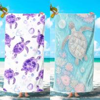 1/2Pcs Summer Ocean Purple Sea Turtle Beach Towel, Watercolor Tortoise Transparent Bubble Print Microfiber Quick Dry Towel 80X160cm(31X63inch) white