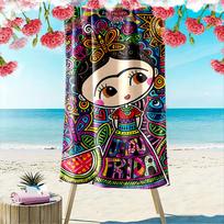 Colorful Frida Pattern Towel A must-have beach towel for beach travel 70cmx140cm(27x55inch) black
