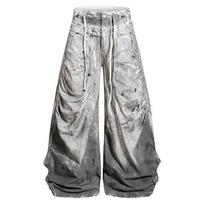 BeatStreet Men Gradient Dirty Wash Baggy Denim Pants Double Drawstring Waist Ruched Wide Leg Streetwear Casual Trousers M gray