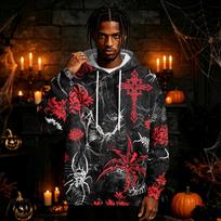Men's Halloween Print Pullover Hoodie Long Sleeve Sweatshirt Trendy Design XXL raudona