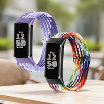 2Pack Braided Solo Loop Bands For Fitbit Charge 6/Charge 5 Stretchy Woven Nylon Replacement for Fitbit Charge 5/Charge 6 Watch 3 2pack-5 black