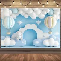 2D Blue Cloud Backdrop Hot Air Balloon Themed Party Background Banner 59×39inch/150*100cm blue