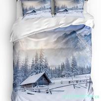 3pcs Bedding Set Winter Snow Mountain Morning Scenery House Duvet Cover Pillow Case Boy Kid Teen Girl Bedding Covers Set EU single(135x200cm) gray