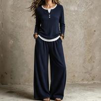 Women's Comfortable Set Long Sleeve Top and Pants for Fall Winter Casual Home Wear M tamsiai mėlyna