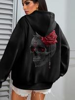 Oversize Women's Hoodie Graphic Fall Streetwear Casual Jacquard Patterns Featuring Themes Such as Ghosts, Pumpkins, Skulls, Bats, M black