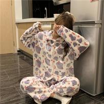 Winter Warm Pajama Sets Women Sweet Baggy Cloud Print Casual Home Girls Velvet Thicker Sleepwear Lounge Dormitory M gray