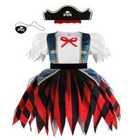 Carnival Girls Pirate Dress +Hat Eye Patch For Carnival Birthday Ocean Adventurer Pirates Buccaneer Fancy Dressup Costume 110 tamsiai mėlyna spalva