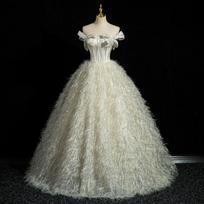 Evening dress one-word shoulder high-end elegant tutu skirt annual meeting host adult ceremony dress student vocal art test solo S beige