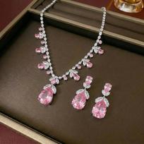 Zircon Tulip Necklace & Earrings: European American Style, Pink Collarbone Chain white