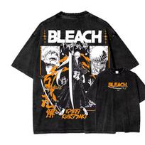 2026 Summer Bleach Ichigo Kurosaki Dual Sided Washed T-shirt Hollow Mask Zangetsu Anime Print Oversized Cotton Tee for Otaku Fan 110 black