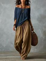 Women's Bohemian Off-Shoulder Top & Wide-Leg Pants Set – Retro Lazy Style Two-Piece for Vacation XL black