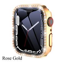 Glitter Diamond Screen Protector For Apple Watch Series 9 8 7 6 5 4 3 SE With Tempered Glass Case IWatch 45/41mm 40/44mm 42/38mm Series 789 41MM rožinio aukso spalvos