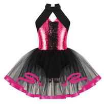 Kids Girls Sleeveless Shiny Sequins Ballet Dance Tutu Dress Glitter Halter Cutout Mesh Gymnastics Modern Latin Jazz Dance Costume 5-6 Years ryškiai rožinė