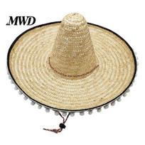 Wide Brim Hat Mexican Sombrero with Colorful Poms, Hawaiian Style Woven Straw Sun Hat, Lightweight Adult Vacation Party Costume for Summer Beach smėlis