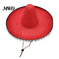 Wide Brim Hat Mexican Sombrero with Colorful Poms, Hawaiian Style Woven Straw Sun Hat, Lightweight Adult Vacation Party Costume for Summer Beach raudona