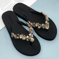 Women Summer Rhinestone Flat Flip Flops Non Slip Casual Beach Slippers Thong Sandals 39 juoda