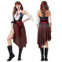 Womens Caribbean Pirate Costume Set Dress Belt Sleeve Headscarf Sash Halloween Cosplay Party Adult Role Play Small black