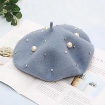 New Pearl Rivet Artist Hat Femininity Luxury Wool Beret Gypsy Star Bead Bud Hat M（56-58cm） gray