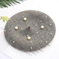 New Pearl Rivet Artist Hat Femininity Luxury Wool Beret Gypsy Star Bead Bud Hat M（56-58cm） gray
