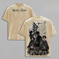 Attack On Titan Levi Eren Mikasa Printed Tee Men Women Washed Cotton T-shirts Manga Vintage T Shirt Harajuku Short Sleeve Tshirt L smėlis