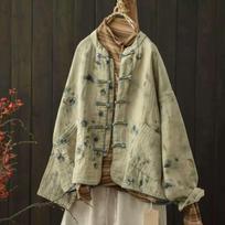 Johnature Autumn Chinese-Style Vintage Frog Button Printed Cardigan Stand Collar Long Sleeves coats One size fits all mėlyna