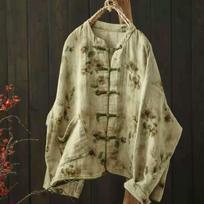 Johnature Autumn Chinese-Style Vintage Frog Button Printed Cardigan Stand Collar Long Sleeves coats One size fits all žalia