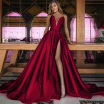 Women Satin Prom Dress,Strapless Deep V Neck High Slit Long Evening Gown,Solid Color A Line Formal for Wedding Party,Bridesmaid Special Occasion Dress XXL raudona