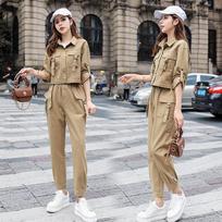 Pavasarinis ir rudens darbo drabužių dviejų dalių kostiumas Streetwear sportinis kostiumas Bėgimo kostiumas Ilgas laisvalaikio paltas Laisvalaikio kelnės 2 dalių komplektai Moteriški drabužių komplektai S chaki