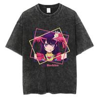 Vyriški Streetwear Vintažiniai skalbti marškinėliai Anime Oshi No Ko spaudinys Mielas marškinėlis Vasariniai Harajuku 100% Medvilnė Juodi viršutiniai marškinėliai M black