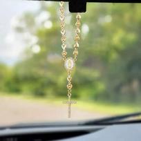 2pc Heart-Shaped Faux Pearl Cross Hanging Ornament, Metal Retro Car Mirror Pendant Decoration Love 2pcs