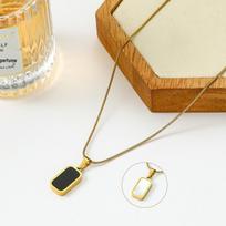 Elegant Mother-of-Pearl Pendant Necklace: Snake Bone Chain, Rectangular Design in Black and White - Trendy European & American Fashion