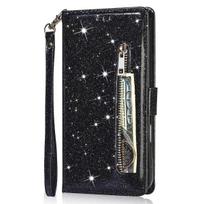 Užtrauktuku su blizgučiais odinis dėklas, skirtas iPhone 17 Air 16 16E 15 14 13 12 11 Pro Max XS Max XR 8 7 Plus SE, Flip Bling piniginės tipo telefono dėklas iPhone 15 Pro Max