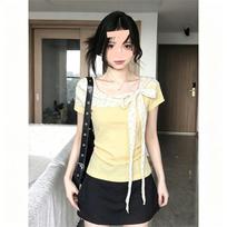 Morning collar [original quality - refined cotton] dopamine yellow one-word shoulder short-sleeved t-shirt, bow strap on XL geltona