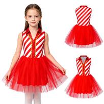 Kids Girls Christmas Costume Tulle Tutu Dress Candy Stripe Sleeveless Metallic Collar for Stage Performance Theme Party Holiday 11-12 Years raudona
