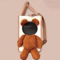 Bear Shaped Plush Cat Bag Large Capacity Outdoor Pet Carrier Single Shoulder Bag for Small Dogs Handbag Travel Pet Tote L-43x33x20.5CM chaki