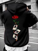 Men's Gothic Hoodie Red Rose Playing Card Graphic Vertical Back Print Vintage Fleece Sweatshirt Streetwear Unisex S black