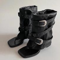 Punk style black rivet toe herringbone cool boots women's shoes 2025 summer new retro buckle Spice Girls trouser boots 35 juoda