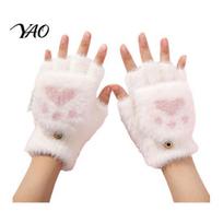 Fingerless Gloves with Flap Cover Furry Cat Paw Thermal Gloves, Flip Top Mitten Button for Women, Winter Convertible Girls Plush Half Finger Cute Bear One Size A white