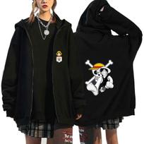 One Piece Luffy Manga Jolly Roger Zip Hoodie Mini Luffy Pocket Logo Luffy Manga Battle Pose over Straw Hat Skull Crossbones Oversized Anime Fan Zip‑Up XXXXL black