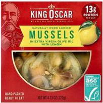 King Oscar, Natūraliai medienoje rūkytos midijos ypač tyrame alyvuogių aliejuje su citrina, 120 g