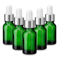 Žalia stiklinė butelė 15 ml su sidabrine aliuminio pipete, 5 vnt. rinkinys