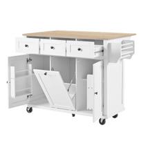 Moderni mobilioji virtuvės sala su sulankstomu stalu ir šiukšlių dėže 5 ratukai balta 112x46x93 cm