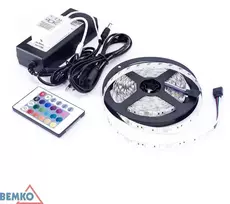 Rinkinys - 14,4W/m, 12V, IP20, RGB LED juosta, 5m ritė, su 12V maitinimo šaltiniu ir nuotolinio valdymo pulteliu