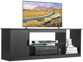 TV staliukas iki 165 cm televizoriams, modernus TV komoda su stiklinėmis lentynomis, LED apšvietimu, pramogų centras, konsolė