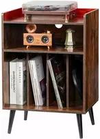 TV staliukas Vinilinių plokštelių grotuvo stovas, 3 pakopų patefono laikymo spintelė, 150 albumų talpa, su LED lemputėmis ir USB įkrovimu