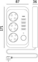 Ilgintuvas LINEA PRO, 3 kištukinių lizdų, 4xUSB-A, 1xUSB-C, su jungikliu, juodas, 1,5m
